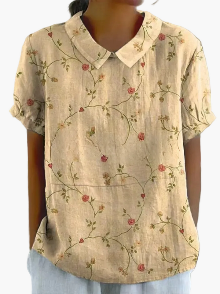 Grüne Kurzarm-Bluse für Damen im Vintage-Stil; Blumenmuster für Freizeit & Büro.