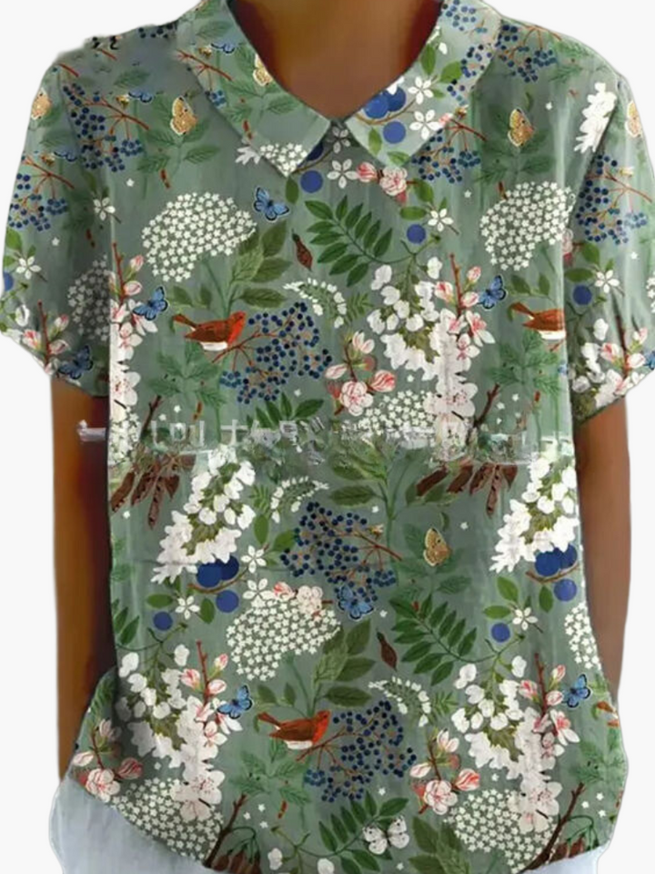 Damen Top im Vintage-Stil, Kurzarm; Elegantes Blumenmuster für Sommeroutfits.