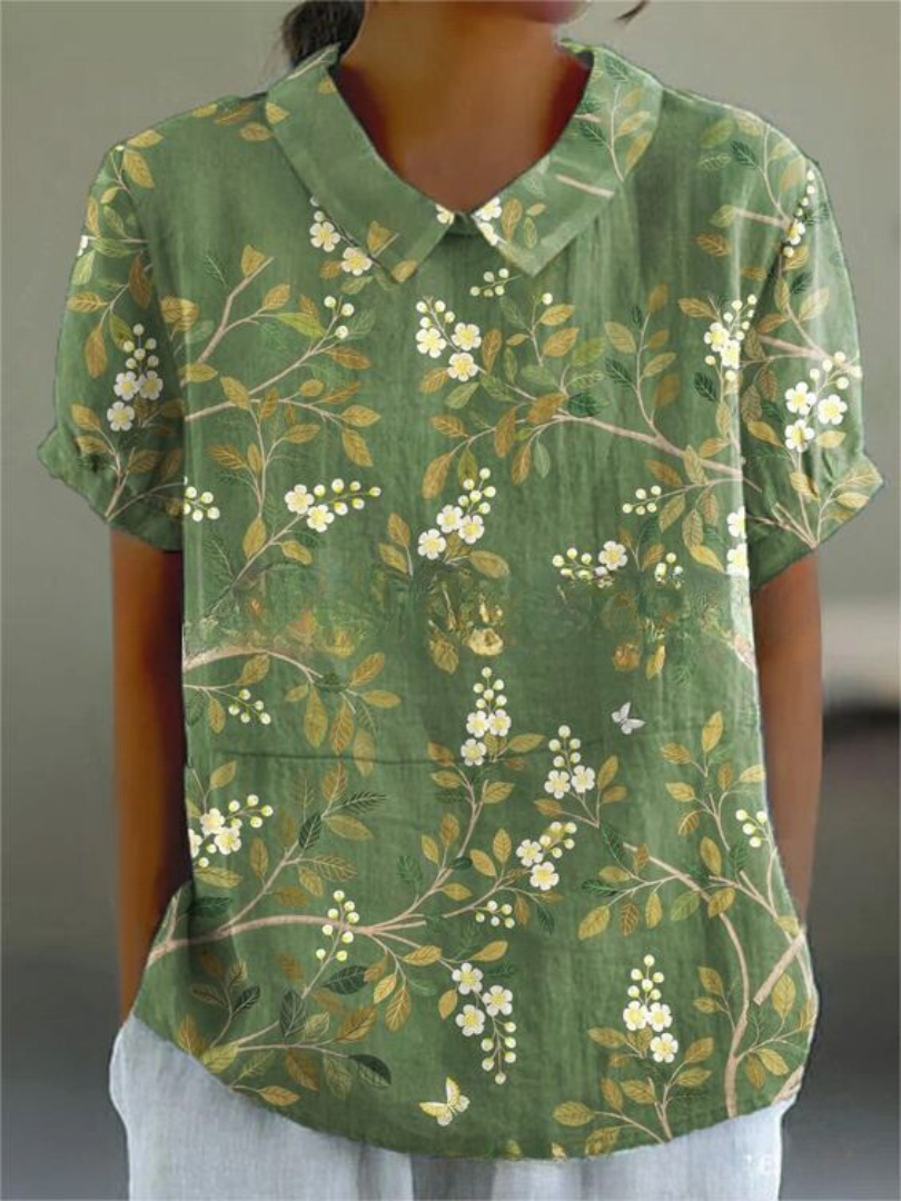 Gelbe Vintage Bluse für Damen; Kurzarm mit Blumenmuster, ideal für Freizeit.