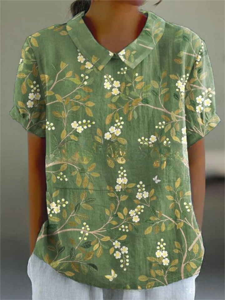 Gelbe Vintage Bluse für Damen; Kurzarm mit Blumenmuster, ideal für Freizeit.