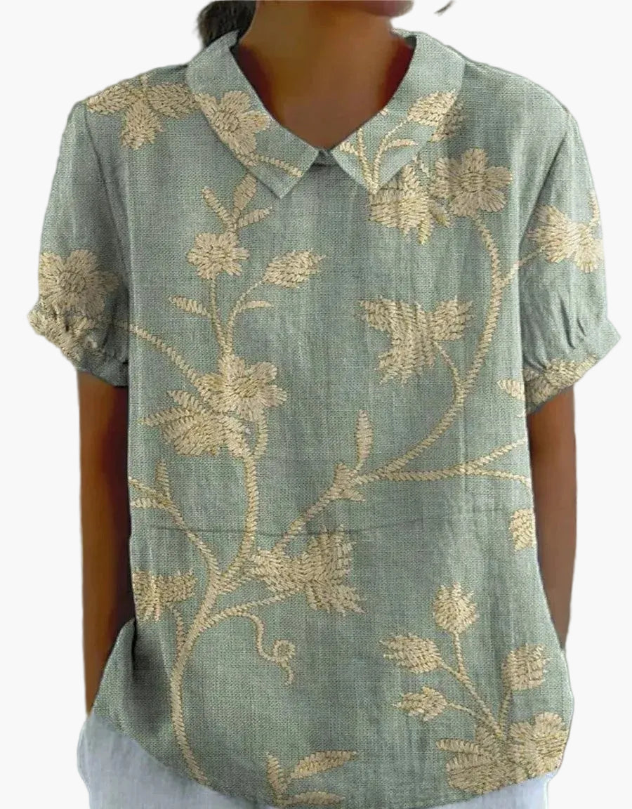 Damen Vintage Bluse mit elegantem Blumenmuster; Kurzarm für Sommer & Büro.