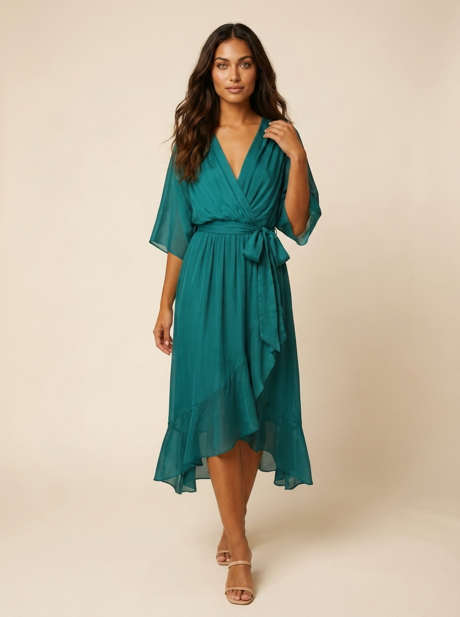 Damen Midi Wickelkleid mit V-Ausschnitt, fließendem Saum & Bindegürtel. Perfekt für Sommer & Freizeit.