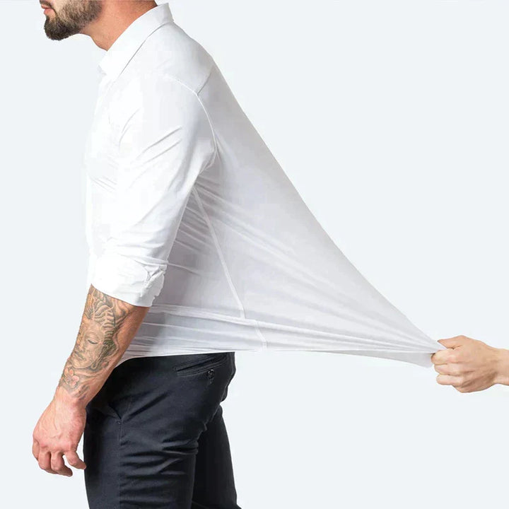 Herren Super-Stretch Hemd, Vorderansicht. Bequemes Langarmhemd für Business & Freizeit.