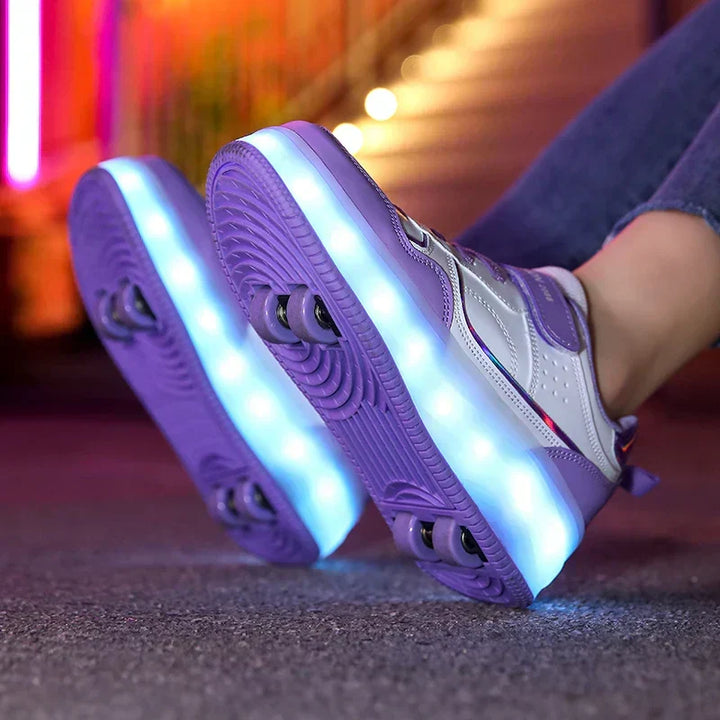 Verstellbare Kinder Rollschuhe mit LED-Lichtern und sicherer Passform für wachsende Kinderfüße.