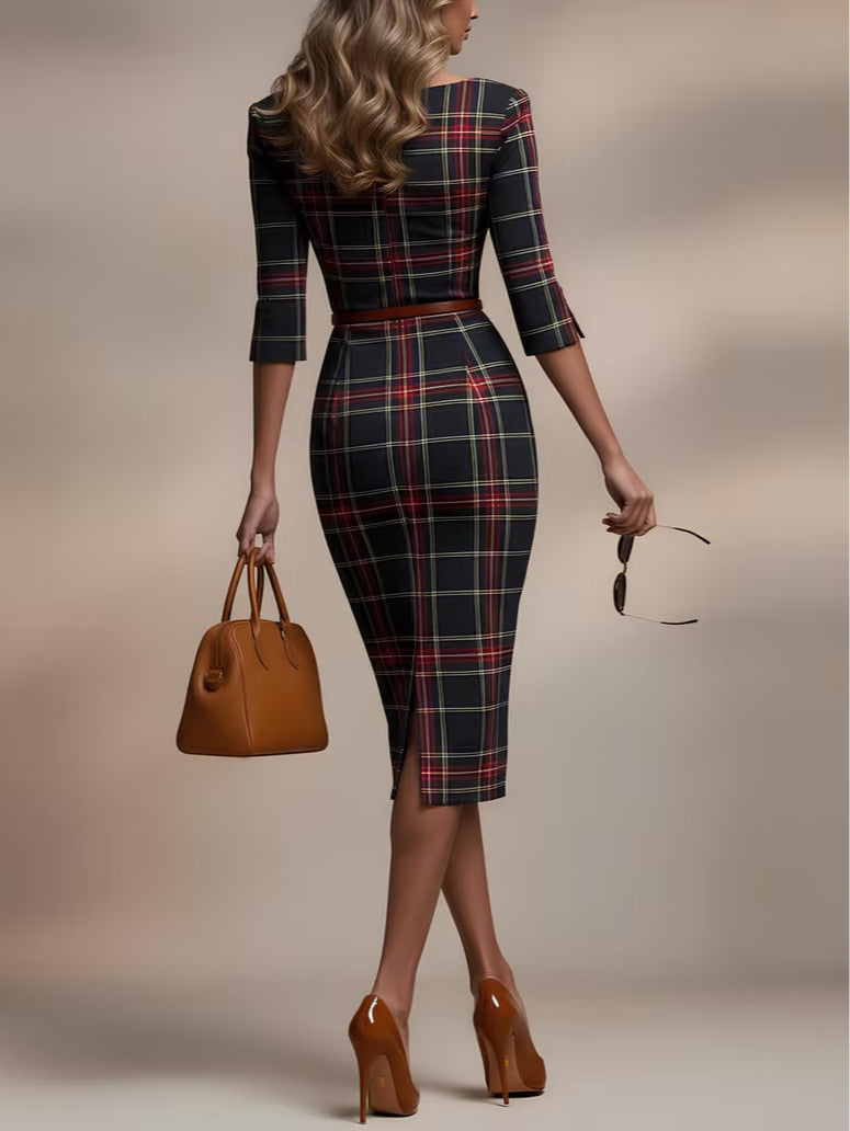 Elegantes, klassisches Damen Midi-Kleid, kariert, ideal als Büro- oder Freizeitkleid.