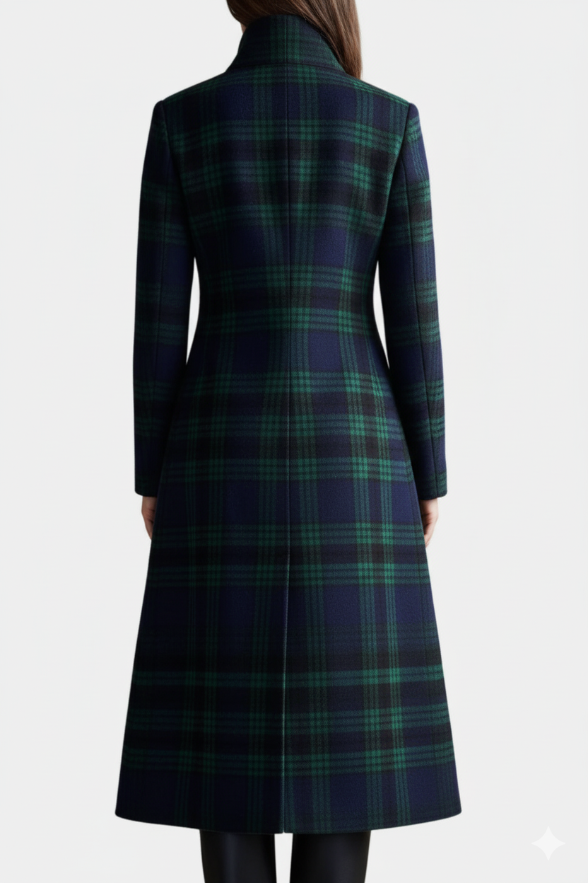 Karierter Damen Midi Mantel in Grün-Blau. Eleganter & warmer Wintermantel für stilvolle Auftritte.