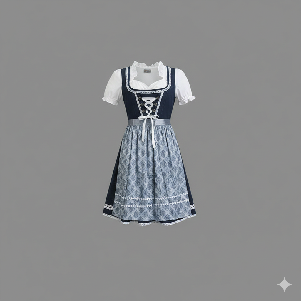 Elegantes blaues Dirndl Set für Damen, perfekt für Oktoberfest und festliche Anlässe.