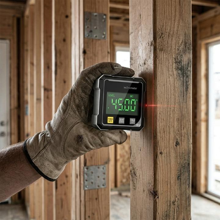 Digitaler Neigungsmesser mit Laser für exakte Winkelmessung auf Bau- und Werkstückoberflächen.