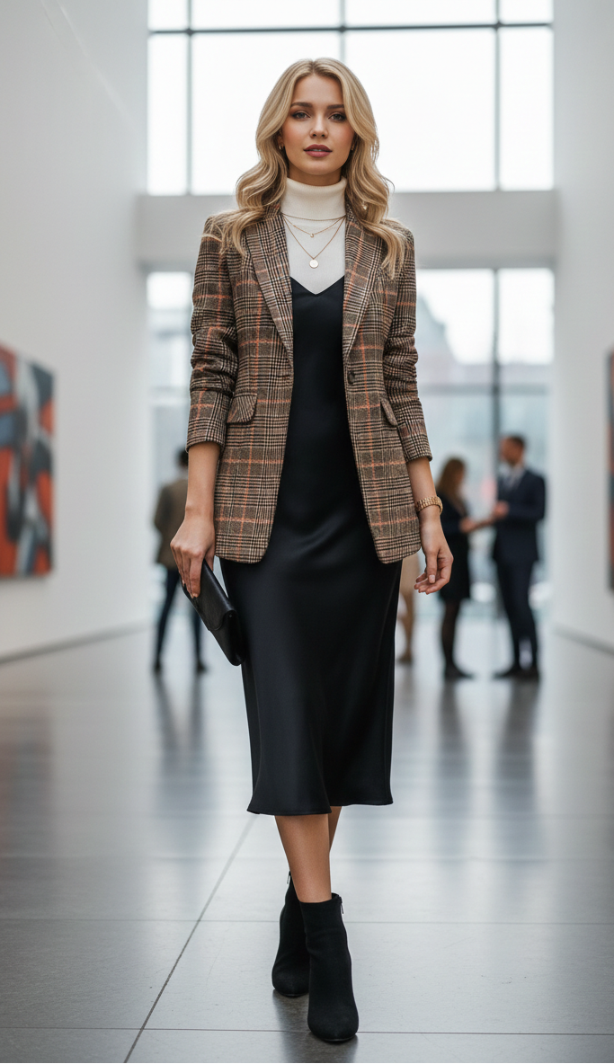 Abgebildeter eleganter karierter Damenblazer, tailliert. Ideal für frühlingshafte Damenmode.