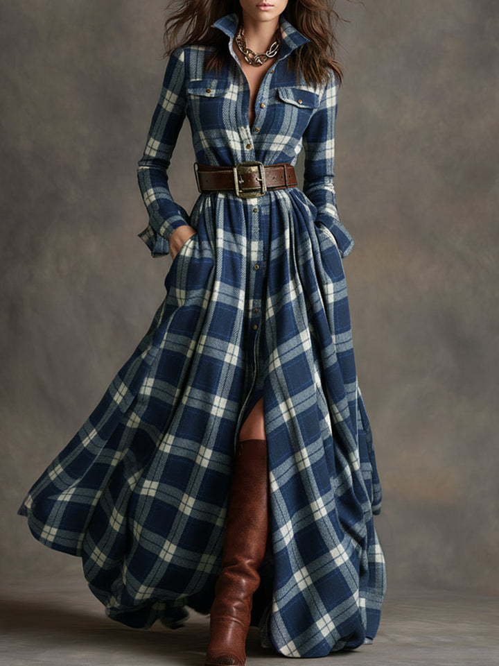 Stilvolles Damen Freizeit- & Bürokleid: Langärmliges Maxi-Kleid mit Gürtel und Karodesign.