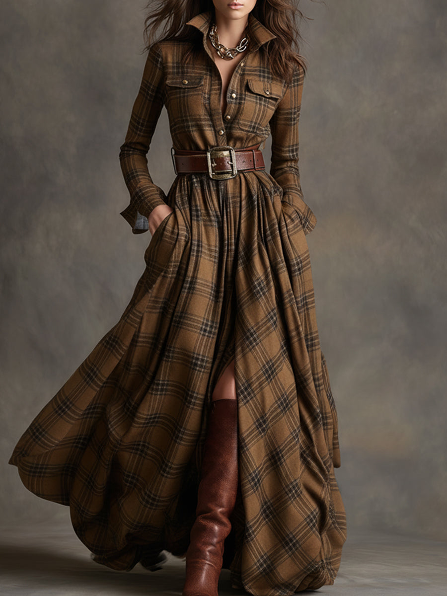 Damen Gürtelkleid in Maxi-Länge, Karomuster, perfekt für elegante und bequeme Anlässe.
