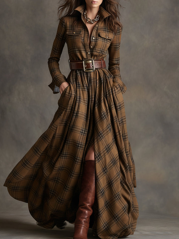 Damen Gürtelkleid in Maxi-Länge, Karomuster, perfekt für elegante und bequeme Anlässe.