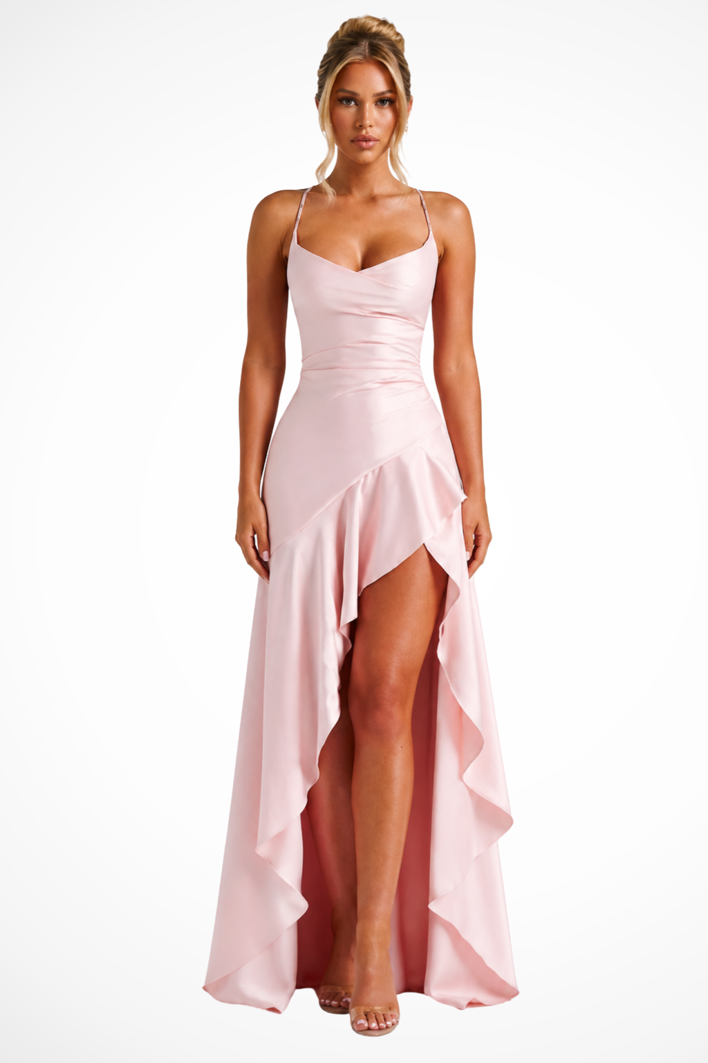 Glamouröses asymmetrisches Maxi Abendkleid für Damen. Ideal als Hochzeitsgastkleid und für formelle Anlässe.
