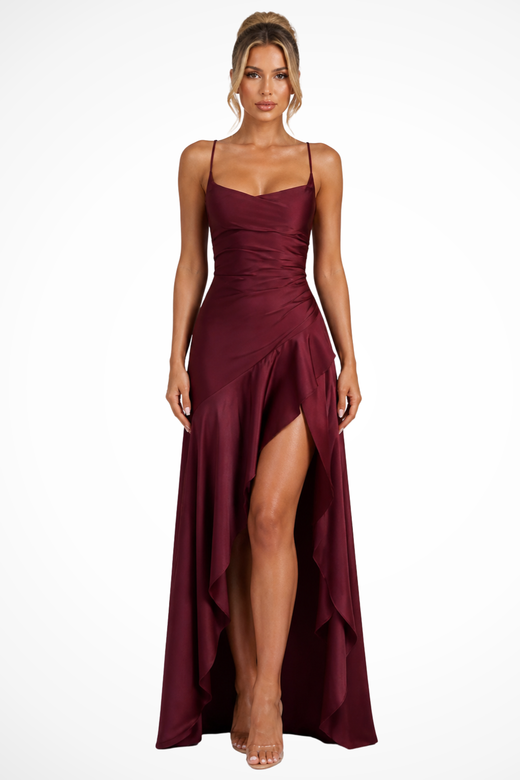Damen Maxikleid mit asymmetrischem Saum, glamourös & elegant. Perfekt als Hochzeitsgastkleid oder formelles Partykleid.