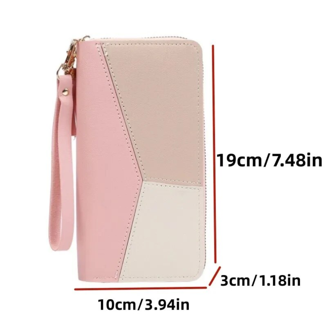 Langes Damen Portemonnaie mit geometrischem Muster in Rosa. Modernes, funktionales Design inklusive Handgelenkschlaufe.