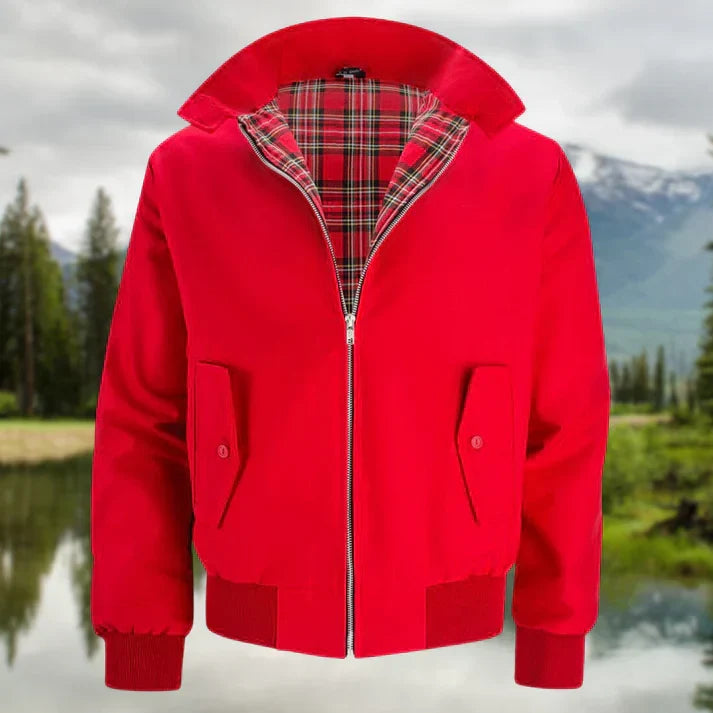 Klassische Herren Harrington-Jacke mit rotem Tartan-Innenfutter, ideal als Freizeitjacke für den Herbst.