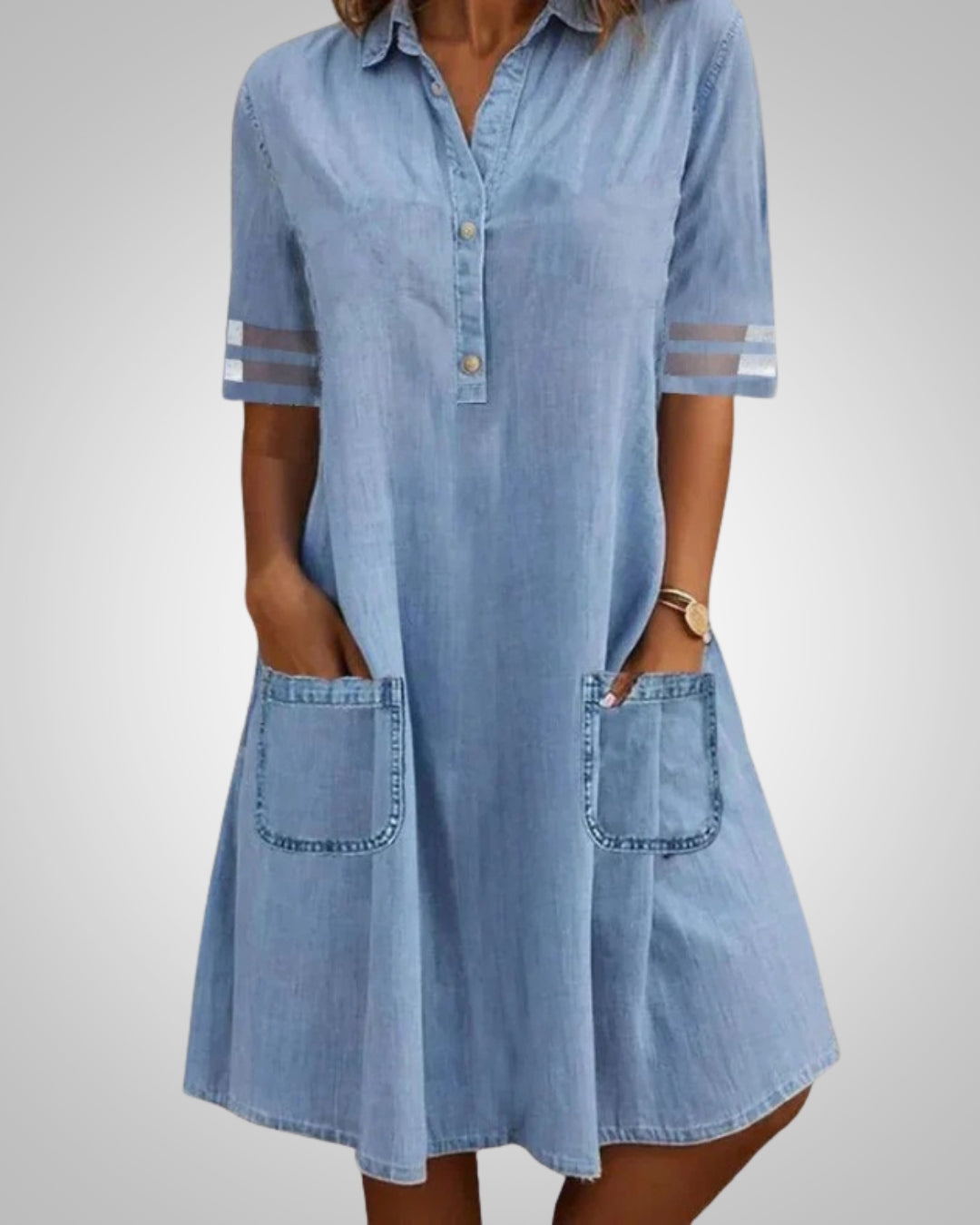 Blaues Damen Kurzarm Sommerkleid mit Knopfleiste, Midilänge und lockerer Passform. Bequemes Freizeitkleid für den Alltag.