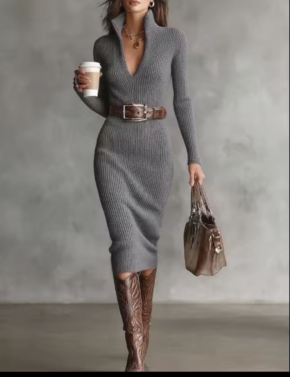 Elegantes Damen geripptes Midikleid, figurbetont, mit Reißverschluss und Gürtel. Ideal für Business & Freizeit.