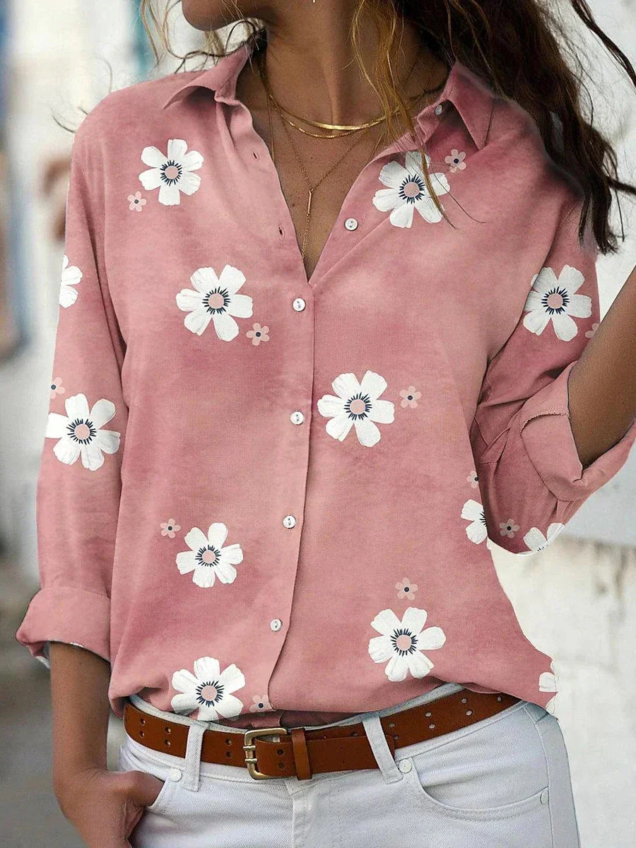 Damen florale Sommerbluse mit Knopfleiste, Hemdkragen und Langarm für einen eleganten Freizeitlook.