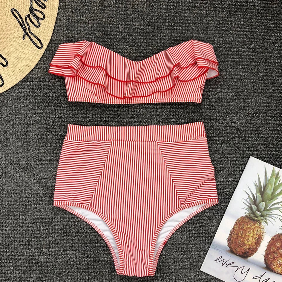Sexy gestreiftes High Waist Bandeau Push-Up Bikini-Set für Damen, Bademode für den Strand.