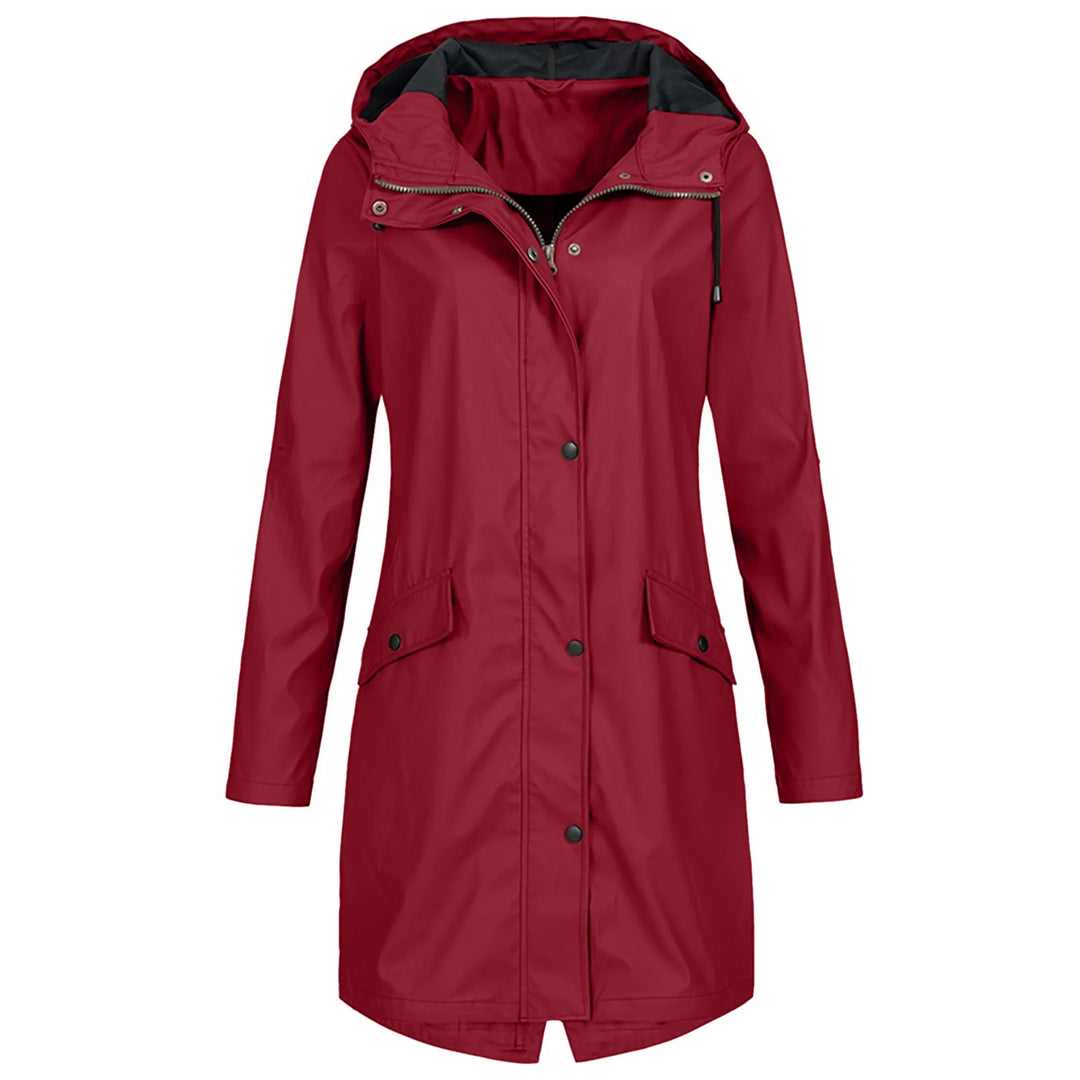 Robuster Damen Regenmantel in Plus Size mit praktischer Kapuze, ideal als Allwetterjacke für Outdoor-Aktivitäten.
