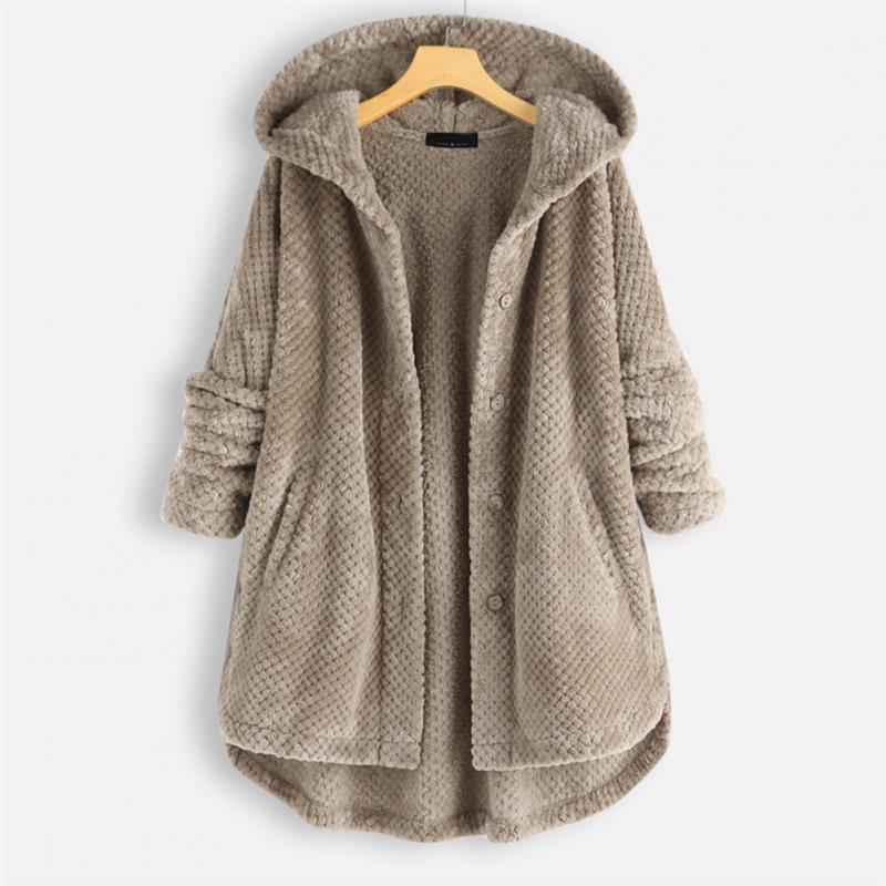 Damen Kapuzenjacke, einfarbige Seite, an Model getragen. Komfortable Herbstjacke, wendbar & stilvoll.