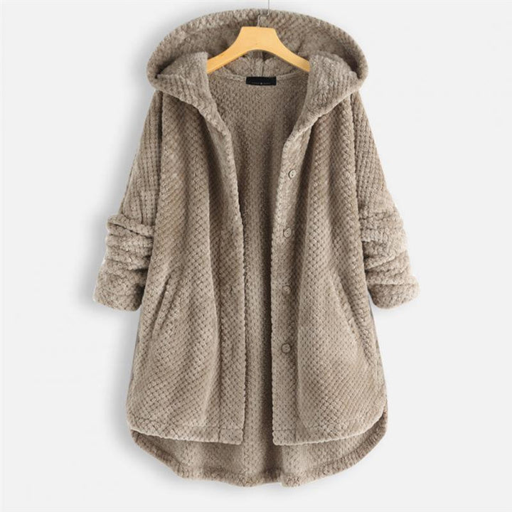 Damen Kapuzenjacke, einfarbige Seite, an Model getragen. Komfortable Herbstjacke, wendbar & stilvoll.