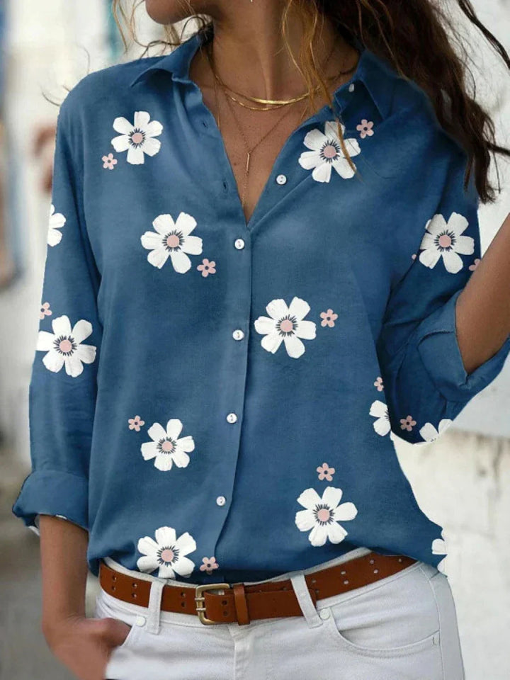Elegante florale Damen-Sommerbluse, ideal für Freizeit, mit Knopfleiste und bequemem Hemdkragen.