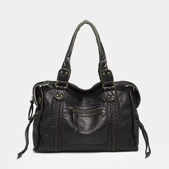 Stilvolle Damen Vintage Schultertasche aus veganem Leder, schwarz und elegant.