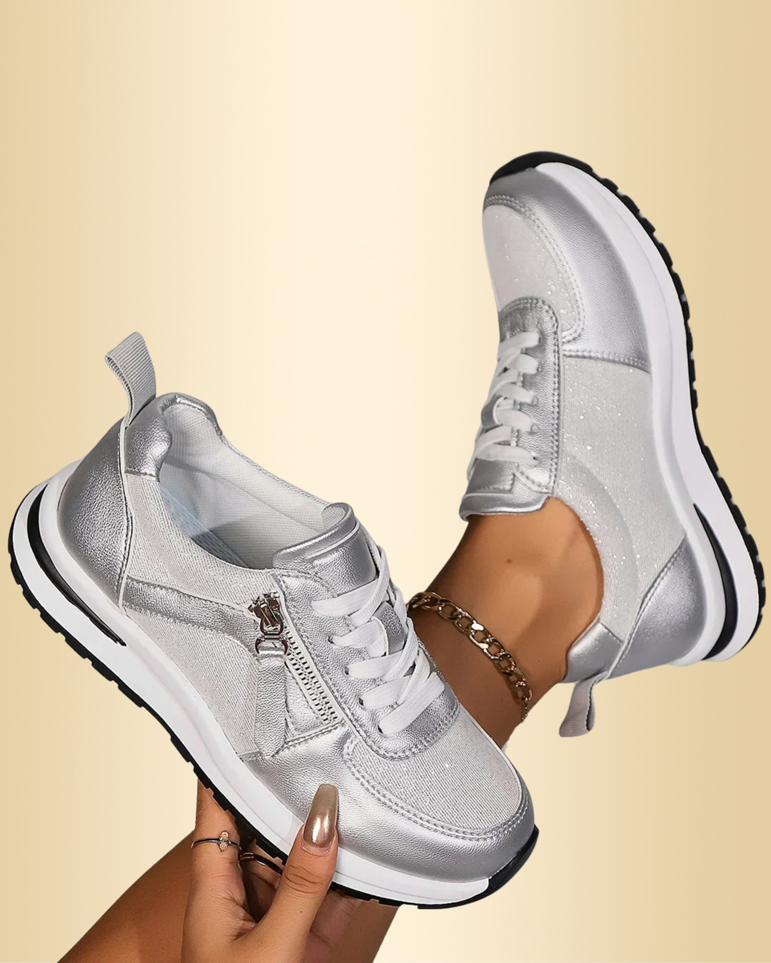 Bequemer grauer Damen Schnür-Sneaker mit Reißverschluss für Alltag & Freizeit. Komfortabler Freizeitschuh.