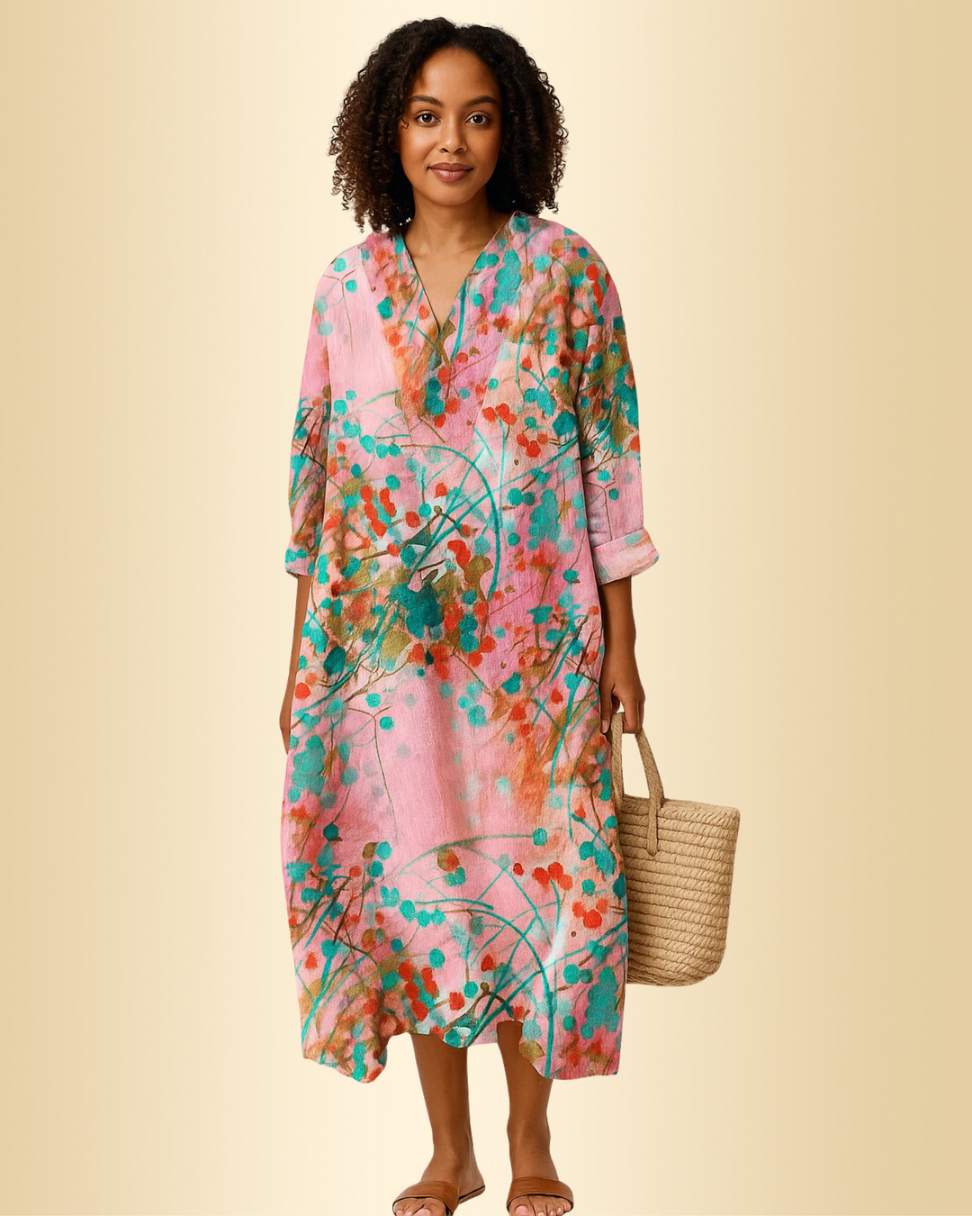 Gemustertes Damen Freizeitkleid in Pink, locker und bequem. Ideal als fließendes Sommerkleid für vielseitige Anlässe.