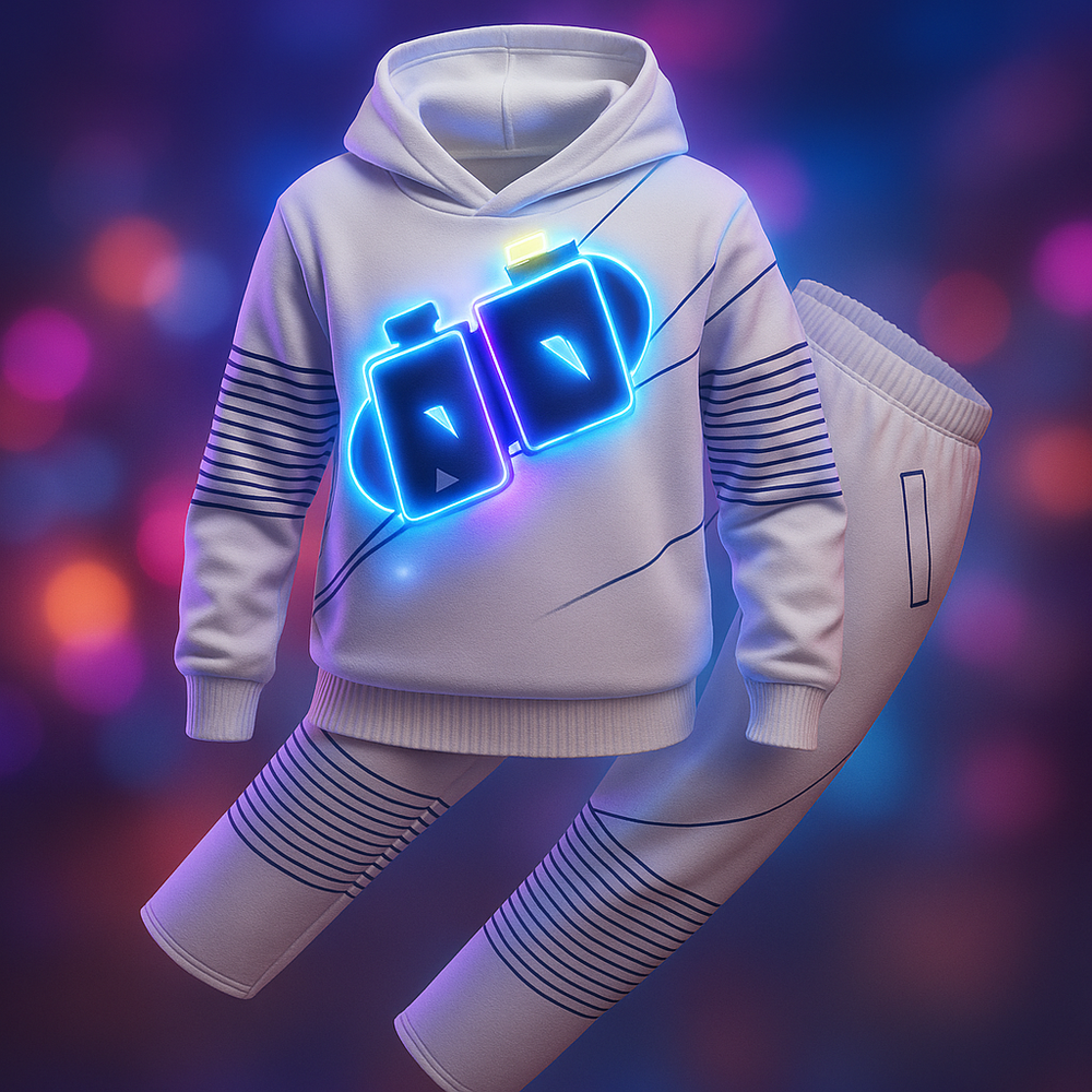 Leuchtender LED-Helm vom DJ Kostüm. Detailaufnahme, ideal für Karneval, Cosplay & Bühnenauftritte.