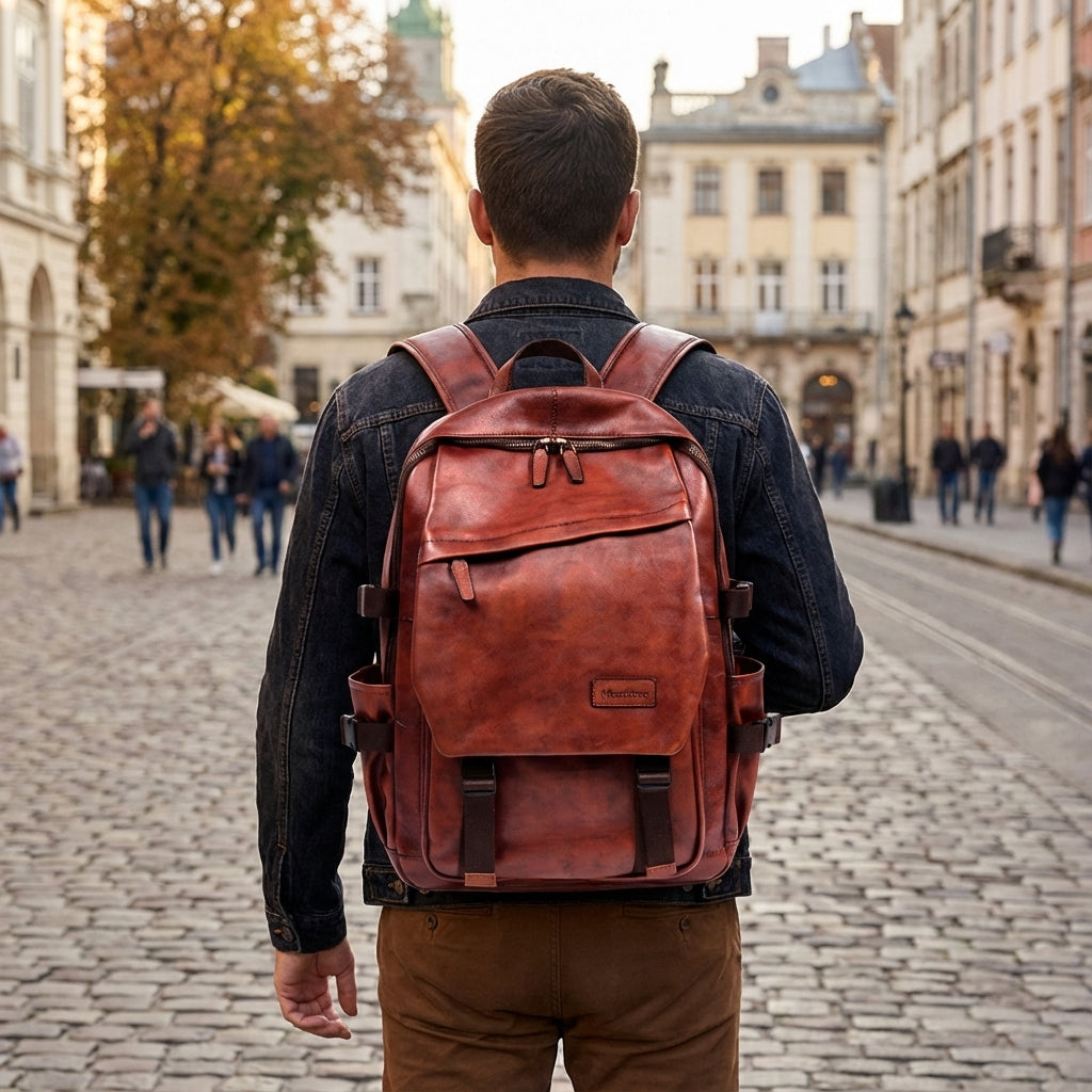 Handgefertigter brauner Herren-Lederrucksack aus Rindsleder für Business & Freizeit; robust & stilvoll.