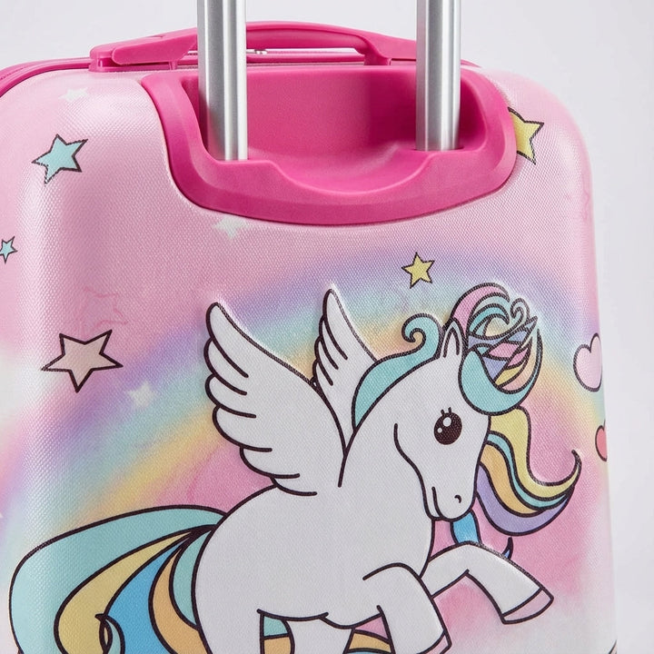 Leichtes rosa Unispark Kindergepäck mit stabilen Rollen und Einhorn-Motiv. Perfekt für die Reise.