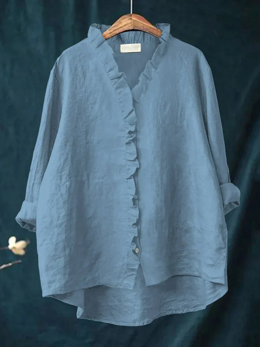 Vielseitiges Damen Langarmshirt mit Rüschen und Knopfleiste, bequem und elegant für Alltag und Freizeit.