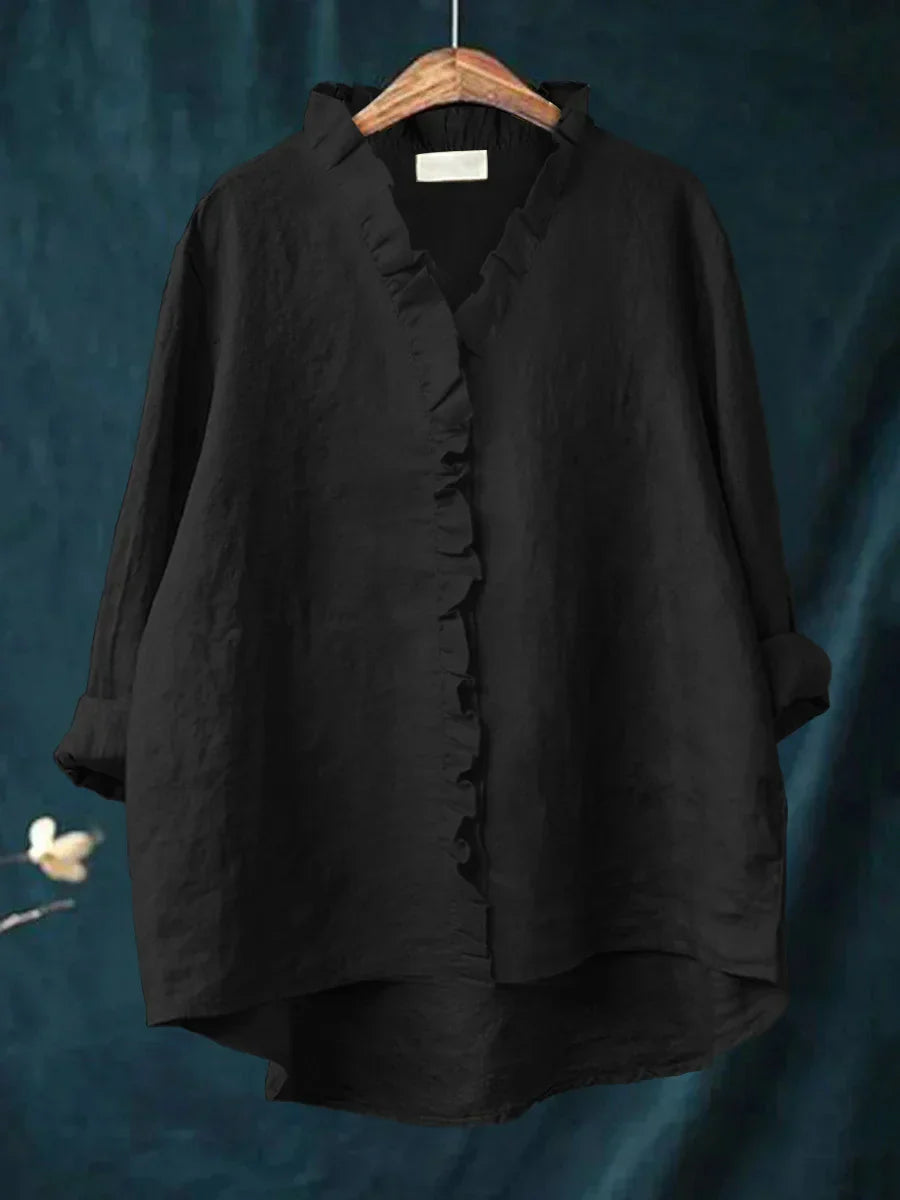 Damen Rüschenbluse, langarm, mit Knopfleiste, elegant und locker für einen stylischen Auftritt im Herbst.
