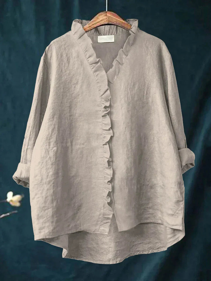 Elegantes Damen Rüschenshirt mit Knopfleiste, langarm, locker geschnitten, ideal für Herbst und Frühling.