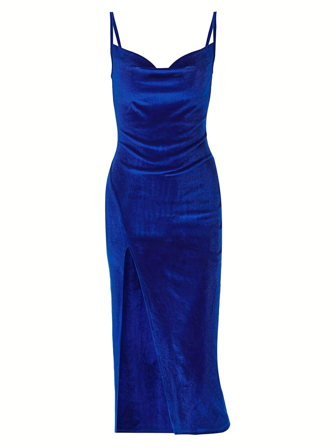 Damen Abendkleid in Schwarz, mit fließendem Stoff, hohem Schlitz und zarten Spaghettiträgern.
