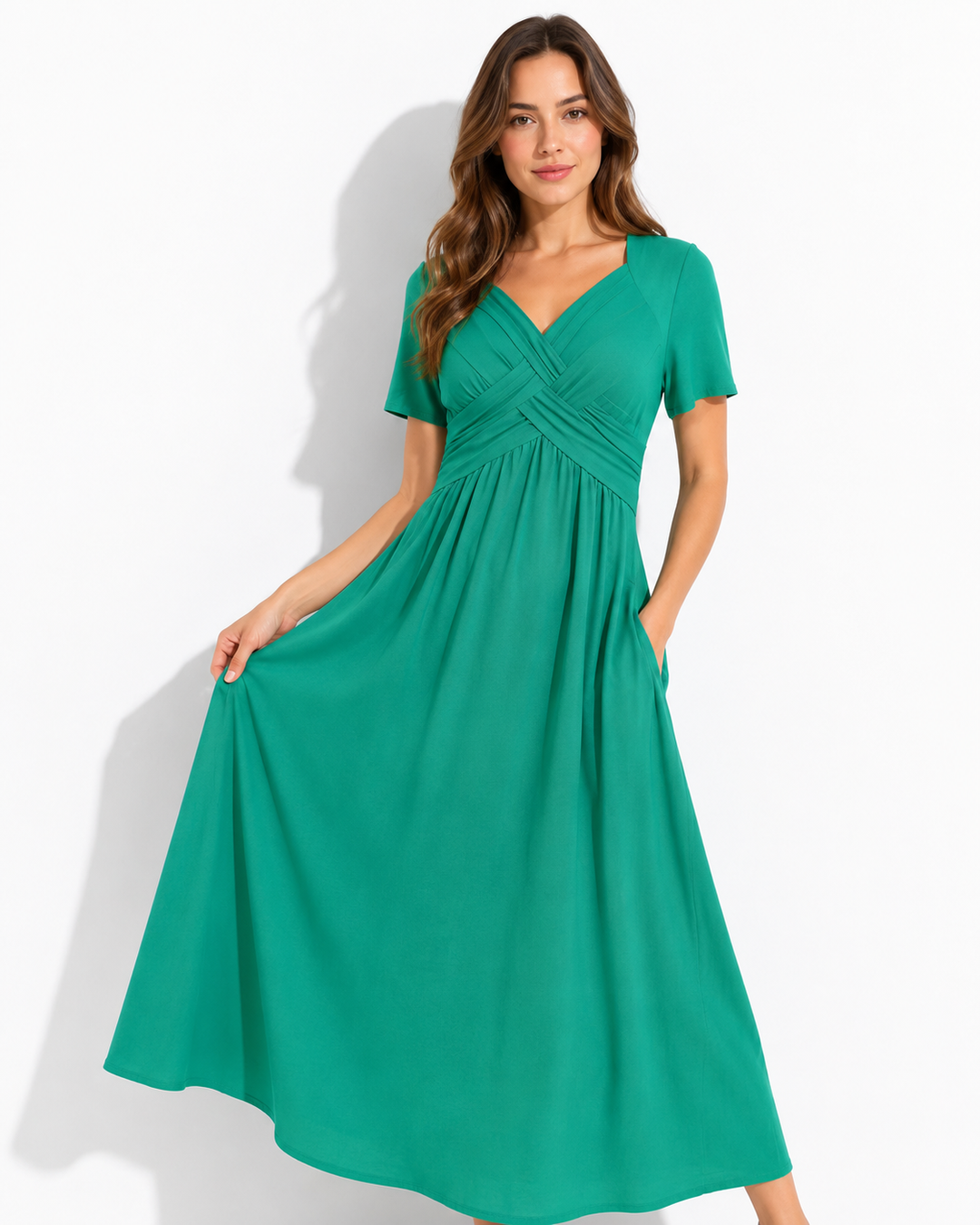 Elegantes Damen Midikleid mit V-Ausschnitt in A-Linie, bequem & stilvoll. Perfekt als Freizeitkleid oder Abendkleid.