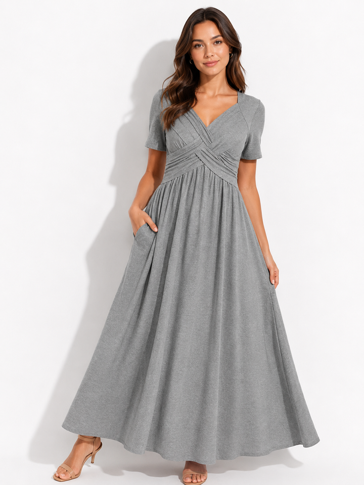 Stilvolles Damen Midikleid in A-Linie mit V-Ausschnitt. Ein bequemes, knitterfreies Freizeitkleid für den Alltag.
