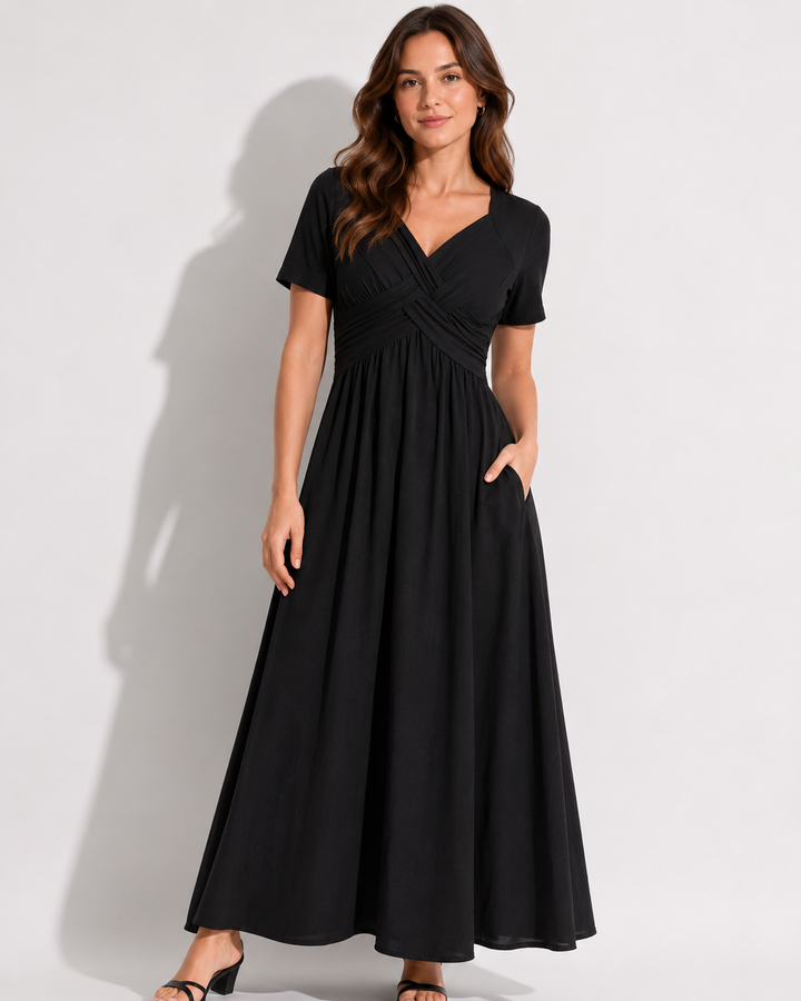 Bequemes Damen Midikleid mit V-Ausschnitt, knitterfrei. Ein stilvolles A-Linien Kleid für Freizeit & elegante Anlässe.