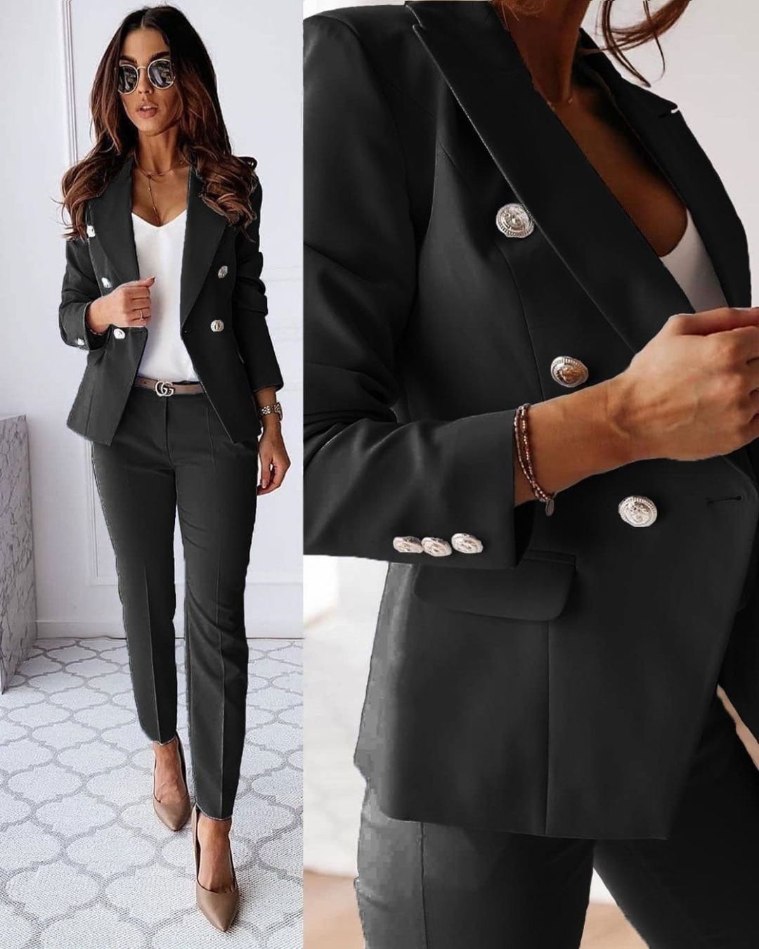 Eleganter Damen Business Hosenanzug Slim Fit mit Doppelknopfleiste, perfekt fürs Büro Outfit.