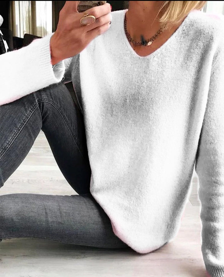 Stylisher rosa V-Ausschnitt Langarmpullover für Damen. Basic Teil für Frühling, Herbst & Winter.