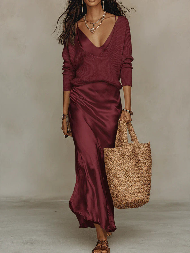 Damen Business-Set: Elegantes Midikleid und Strickjacke für einen professionellen & stilvollen Look.