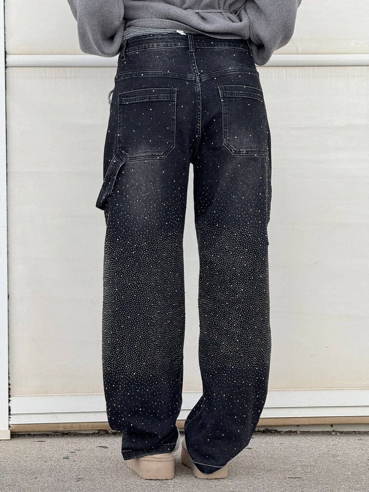 Vielseitige Damenjeans: Glitzer Baggy Wide Leg Hose, perfekt für modebewusste Frauen, die Komfort lieben.