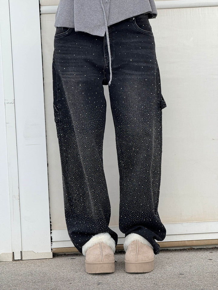 Funkelnde Damen Baggy Jeans mit Glitzer, weite Wide Leg Hose, die Komfort und Stil perfekt vereint.