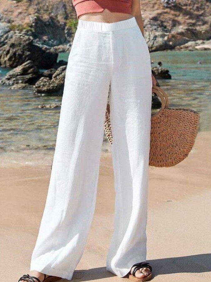 Beige Damen Freizeithose mit weitem Bein und hoher Taille für eleganten Casual-Look im Frühling/Sommer.