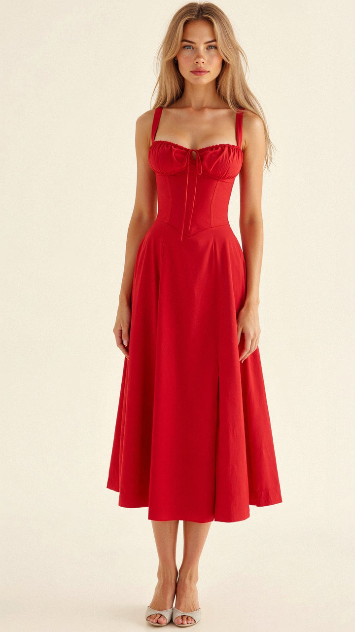 Modernes Damenkleid in Midilänge, mit Korsett-Details, das eine elegante und figurbetonte Silhouette zaubert.