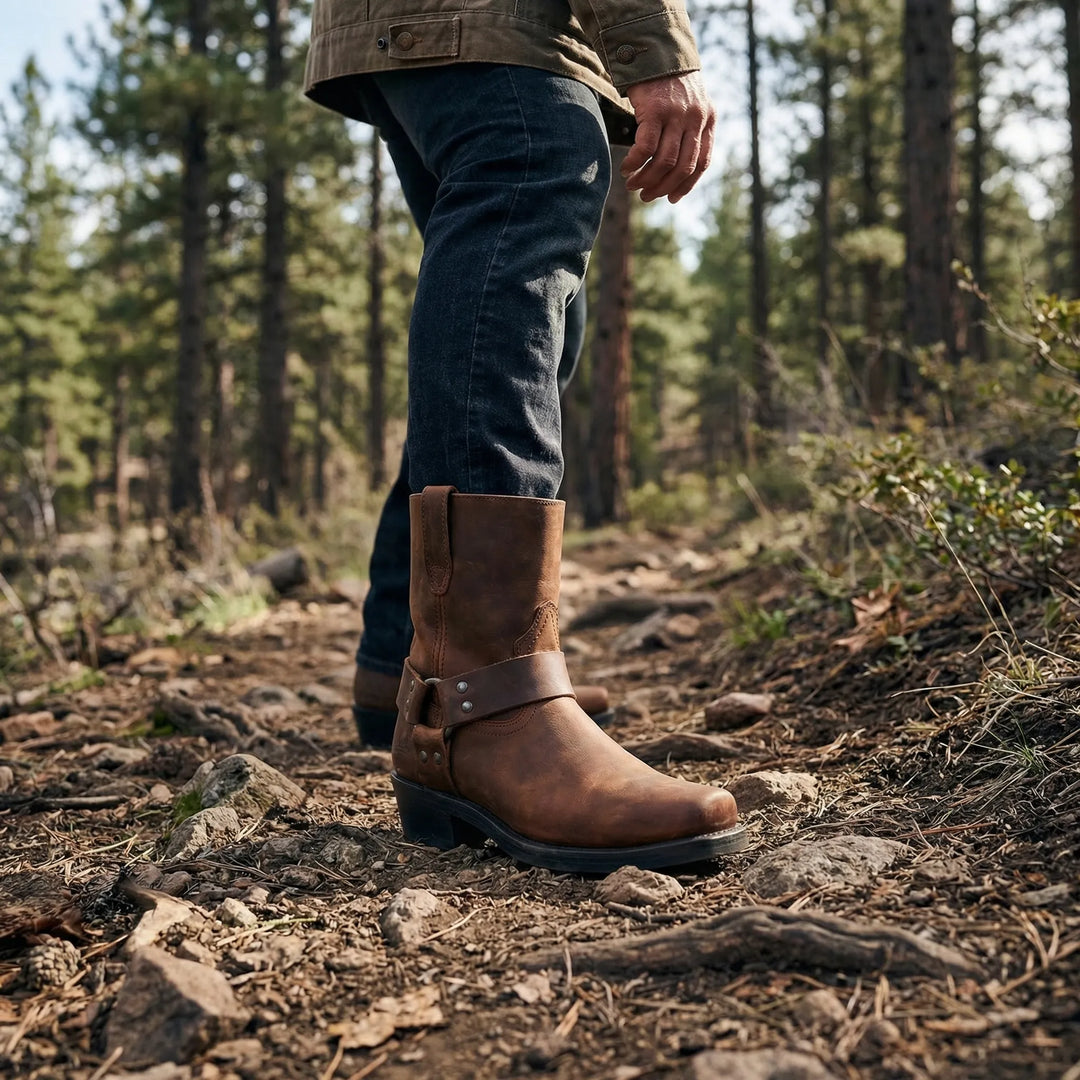 Klassische Herren Cowboy-Stiefel aus braunem Leder, robust und stilvoll, perfekt für Freizeit und Western-Look.