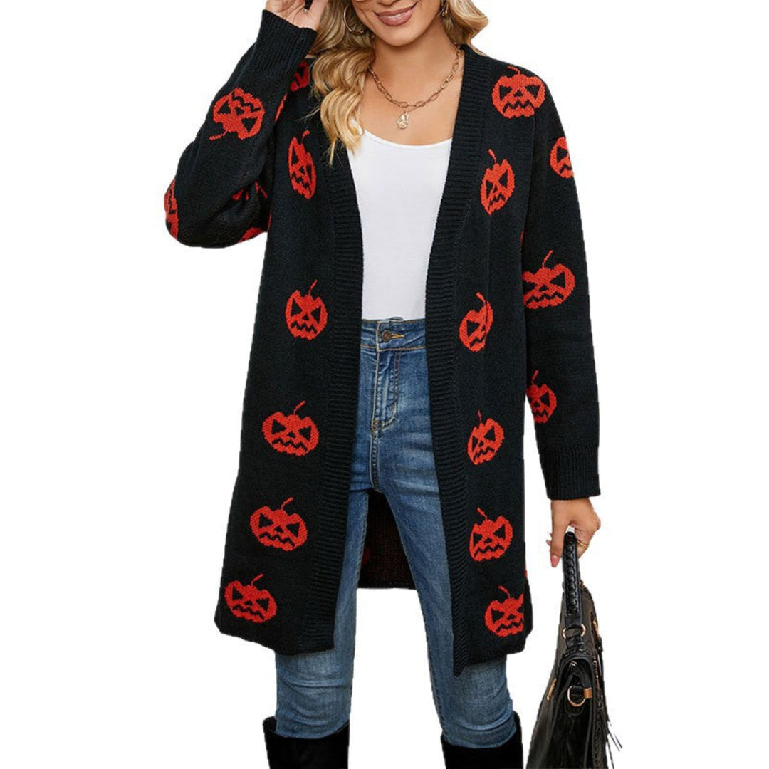 Damen Halloween Cardigan mit Kürbismuster, lang & lässig, ideal für festliche Herbstmode.